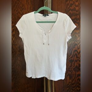 Ralph Lauren White Short Sleeve Ribbed Top Lace Up Neckline